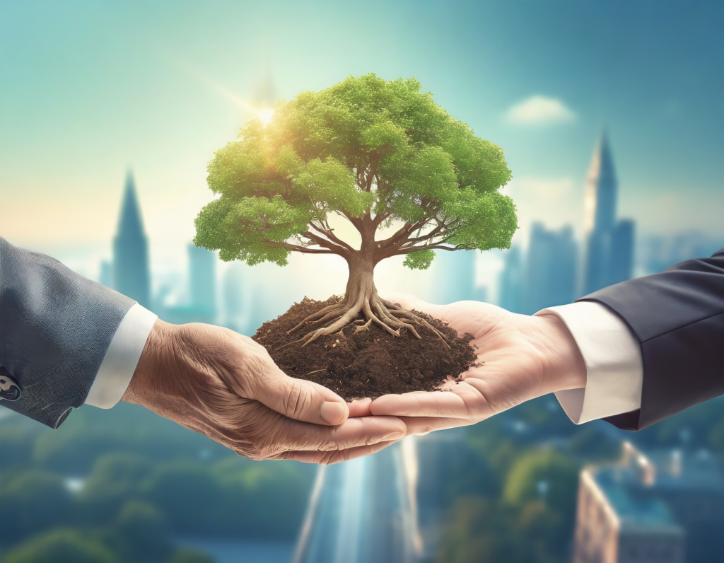 Two hands passing a young tree growing from soil, with a city skyline in the background